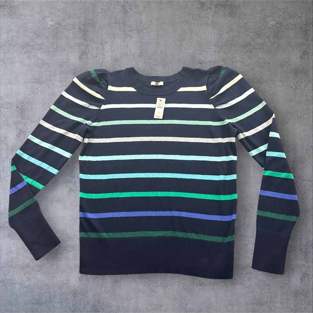 Talbots Striped Puff Shoulder Sweater Womens Small Navy Blue Multi Cotton Knit